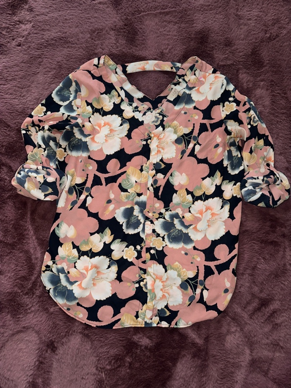 Floral Button-Front Pink and Black Women's Blouse
